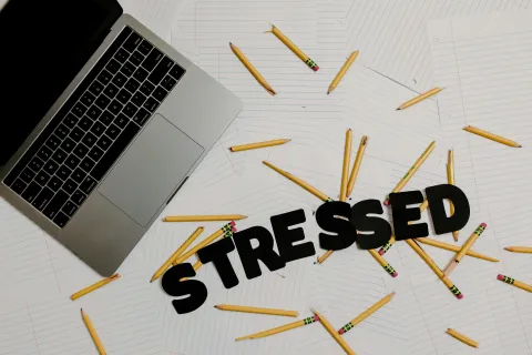 Image of a computer, a pack of spilled pencils, and text saying "Stressed"